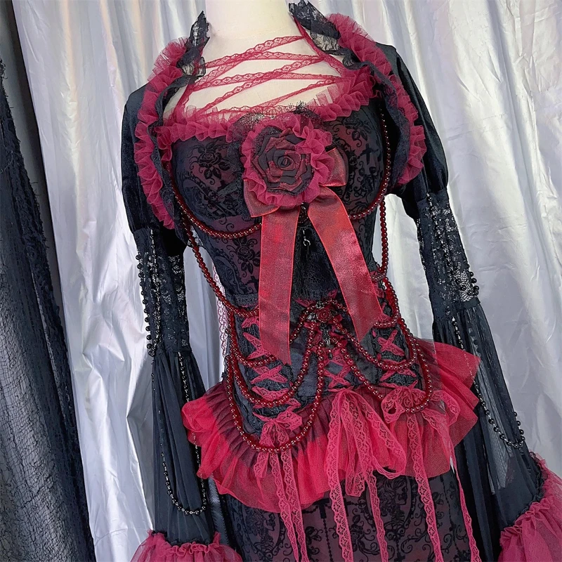 Punk Gothic Sexy Black Red Classical Court Women's Sling Dress New Lace Hollow Out Splicing Beaded Chain Long Dresses Ladies