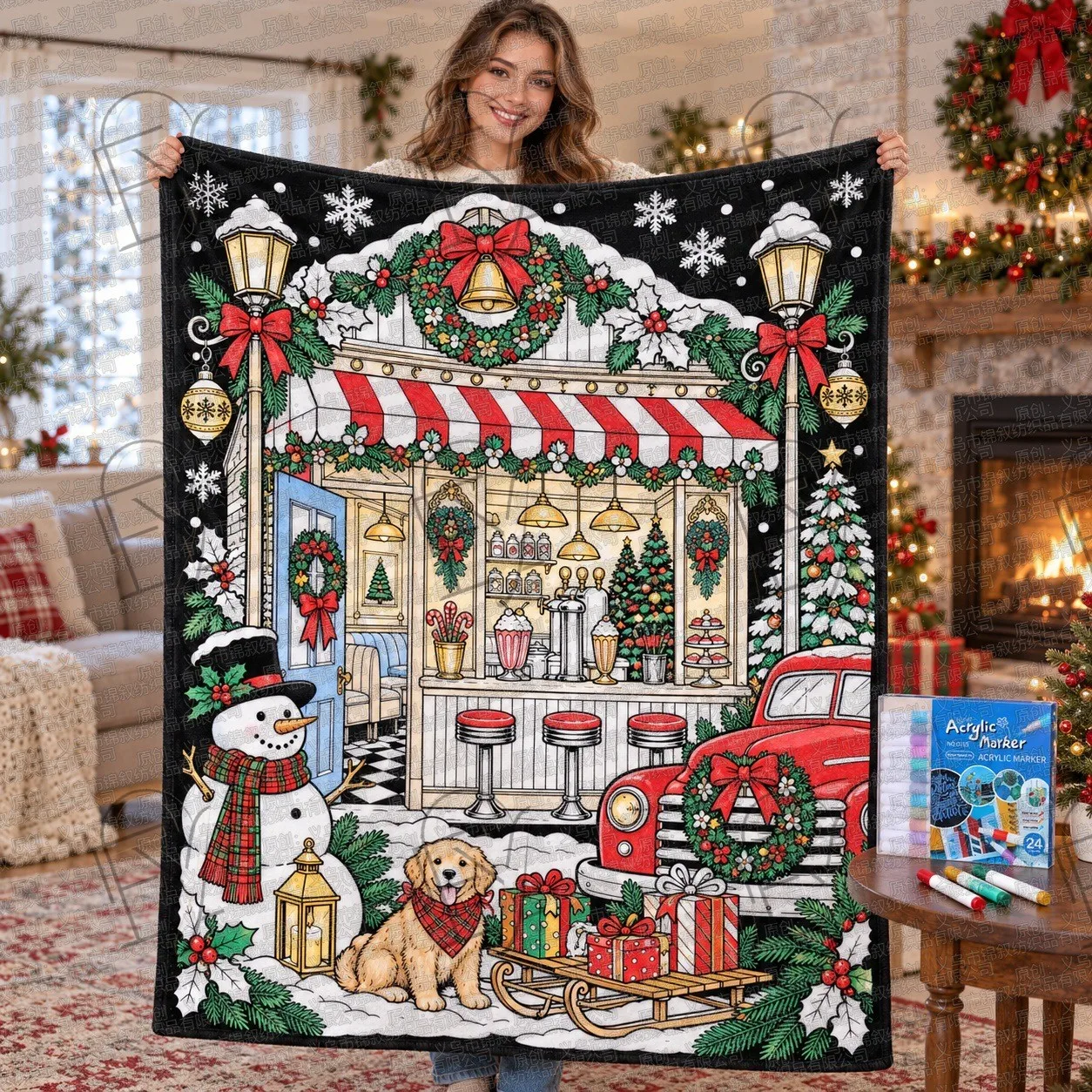 Fleece Throw Blanket Christmas Dino Dinosaur Mug Cocoa Fireplace Half Painted Shabby Lodge Blanket Markers