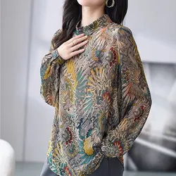 Vintage Folk Floral Printed Stand Collar Blouse Casual Loose Chic Diamonds 2023 Spring Autumn Female Clothing Long Sleeve Shirt