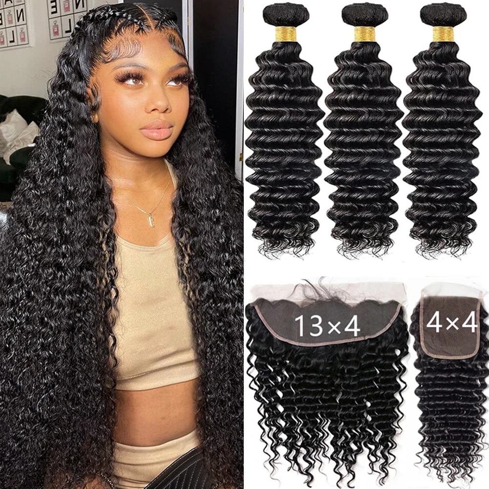 Mèches Deep Wave Naturelles Remy, Cheveux Vierges Bouclés, 13x4, Partie Libre, Fermeture 4x4, Document Naturel