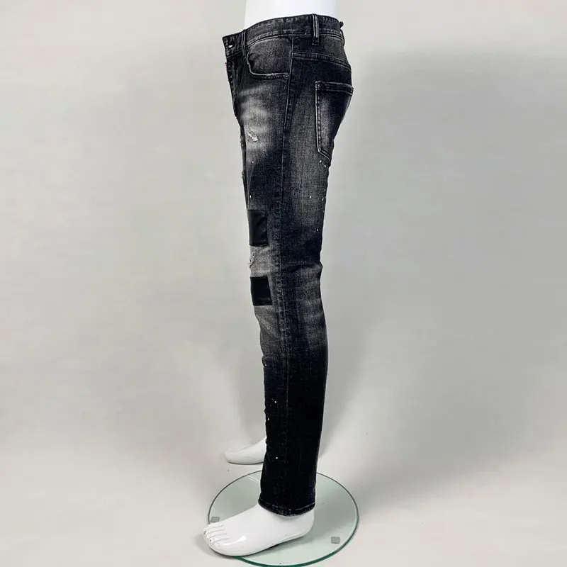 

High Street Fashion New Men's Jeans Painted Stretch SlimmingY2K Water Washed Vintage Black Jeans Hip Hop Brand Pants Hombr