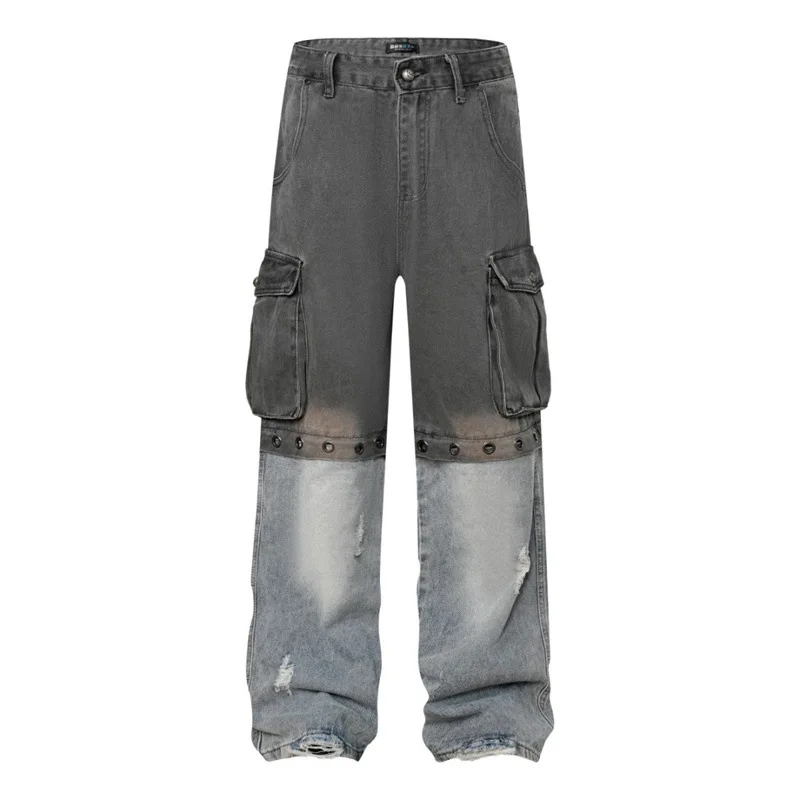Men's High Street Vibe Style Jeans Pants Streetwear Cargo Hip Hop Denim Trousers With Pockets Loose Fit Y2K Bottom Removable