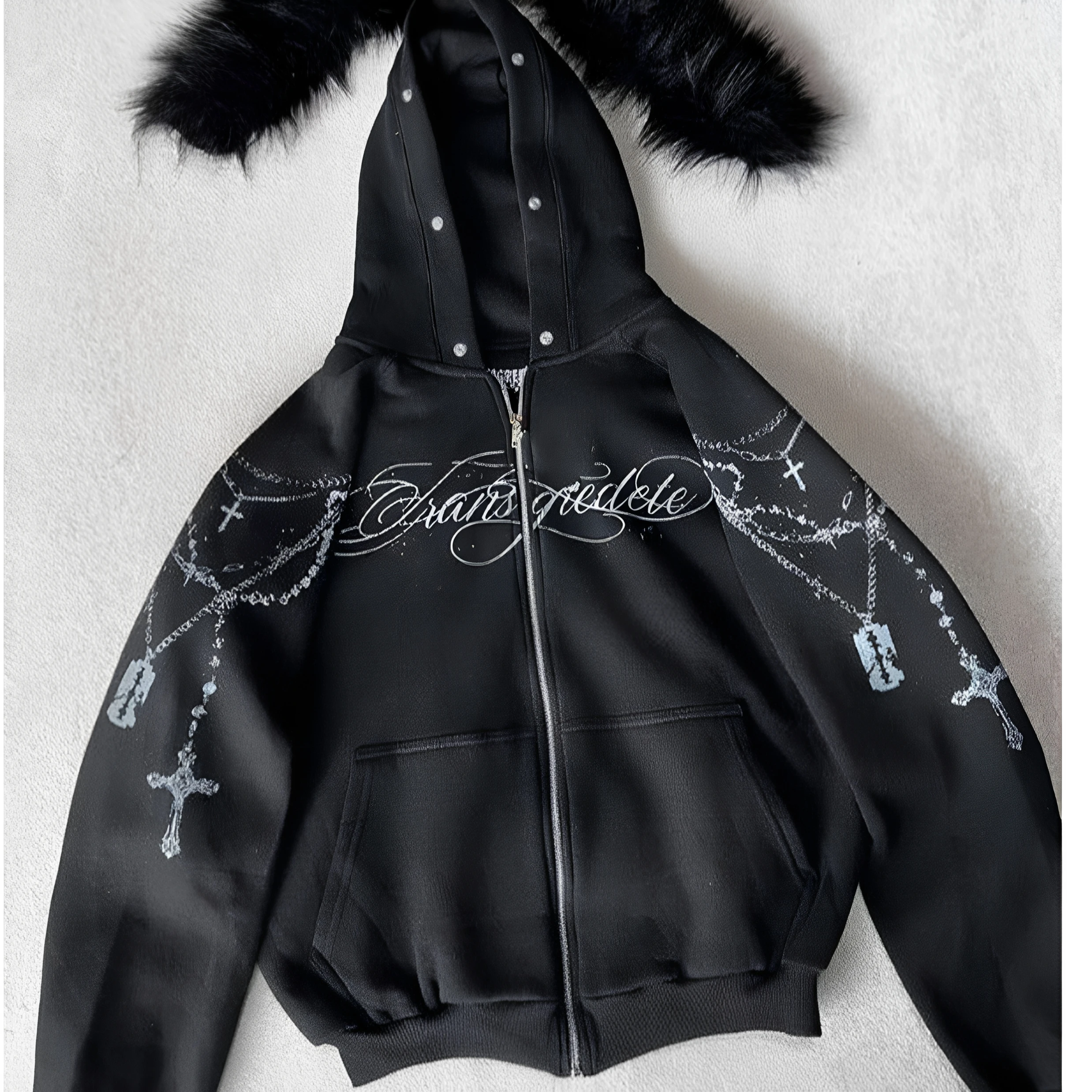 Punk Subculture Cross Hoodie Removable Fur Collar Detachable Autumn 2026 Y2K Unisex Long Sleeve Zip up Hoodie Sweatshirt