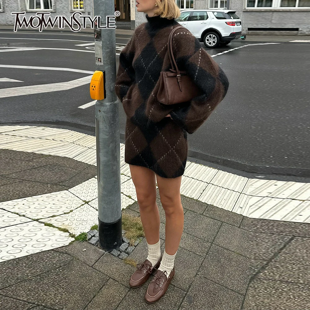 

TWOTWINSTYLE Hit Color Spliced Plaid Two Piece Sets for Women Turtleneck Long Sleeves Sweater Patchwork Line Skirt Set Female