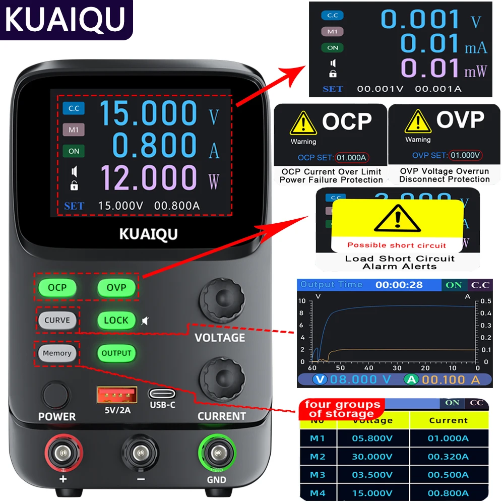 

Programmable Bench Power Supply With 5-digit Digital Display OCP OVP Short Circuit Alarm Voltage-current Curve Battery Tester