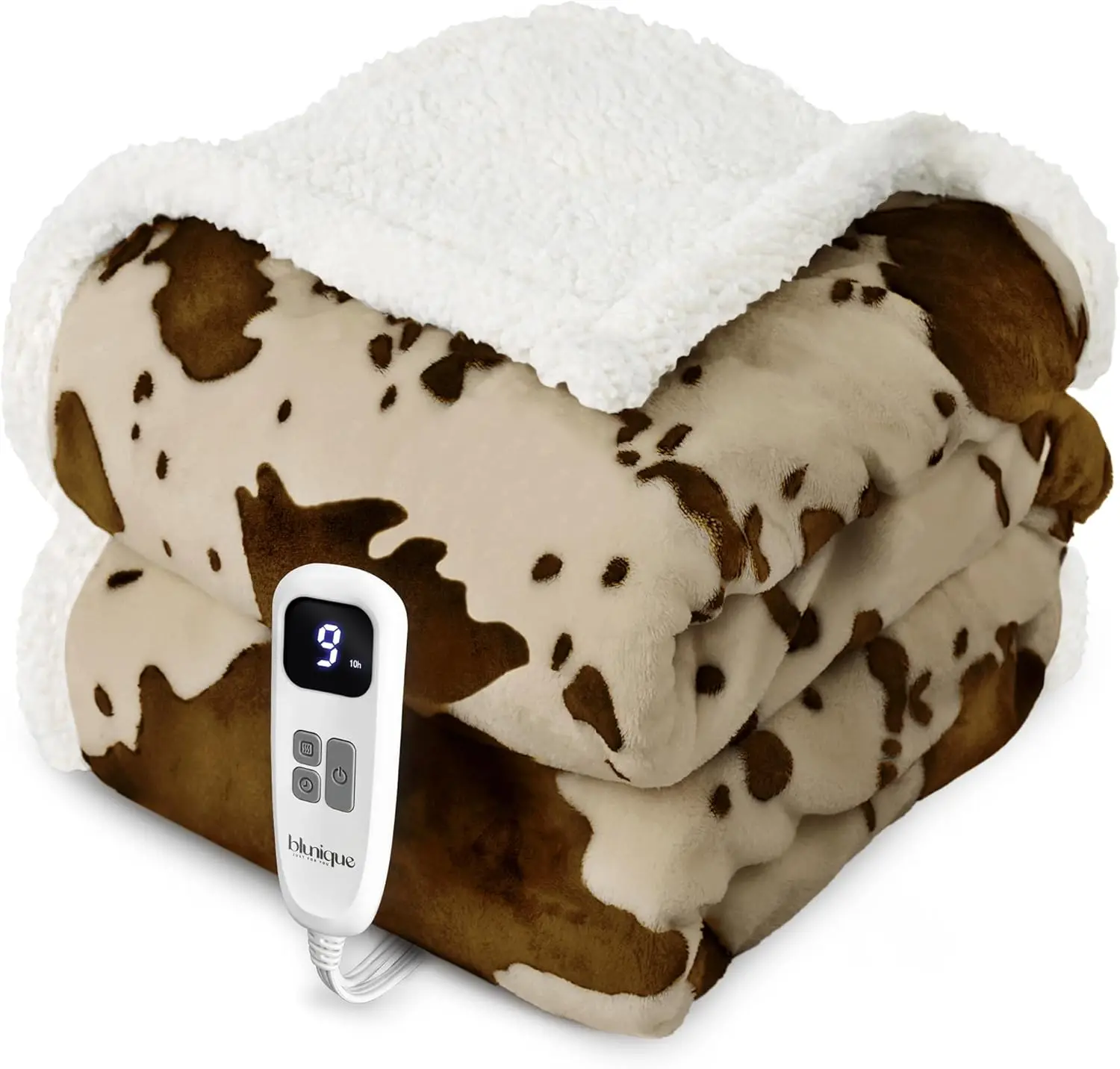 

Electric Heated Throw Blanket with 10 Heat Levels, Auto-Off, Washable Fleece Sherpa, 50x60 Inches Cow Print