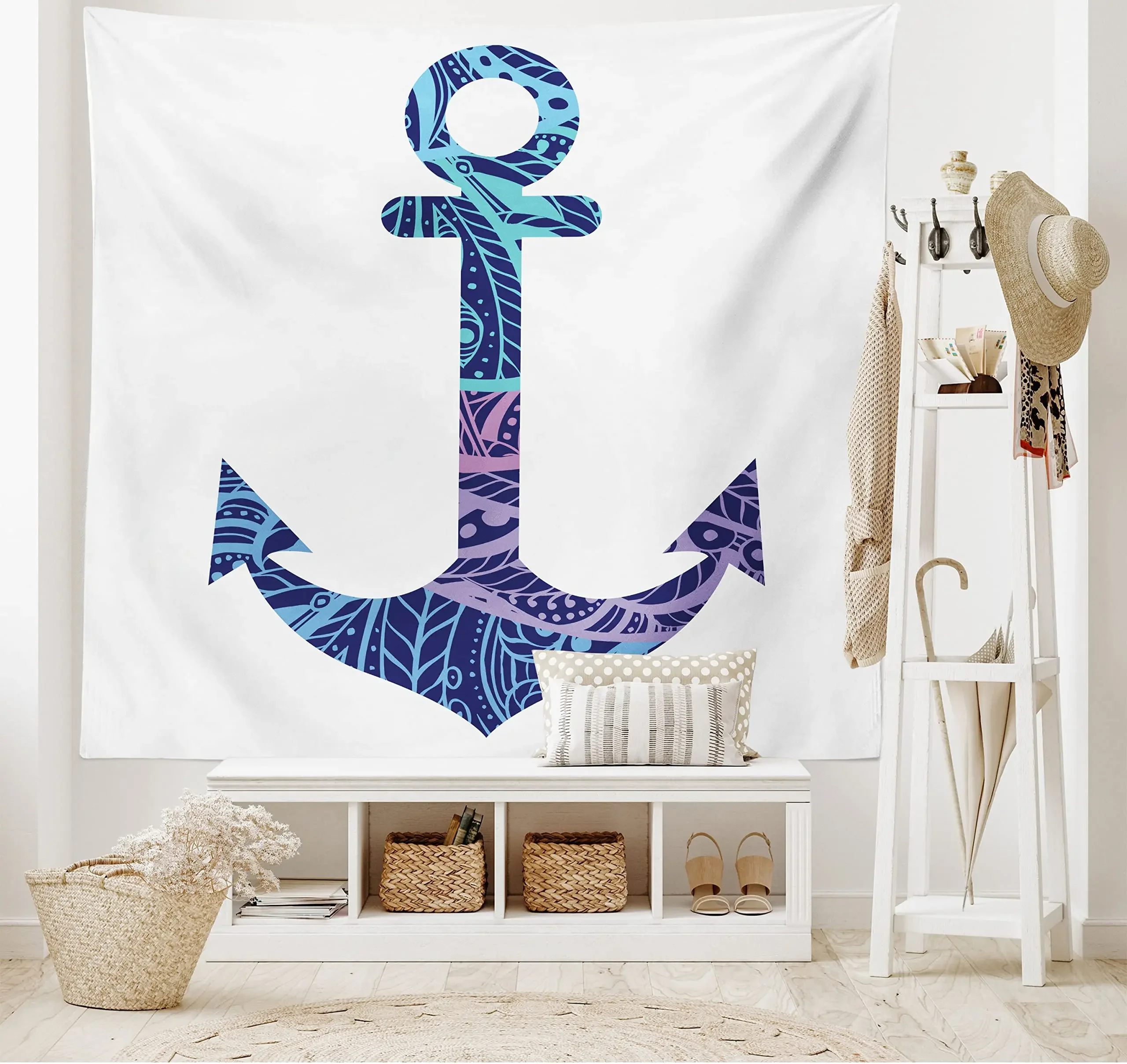 Anchor Tapestry Anchor Shape Flower Floral Silhouette Vacation Happiness Times Wall Hanging for Bedroom Living Room Dorm Decor