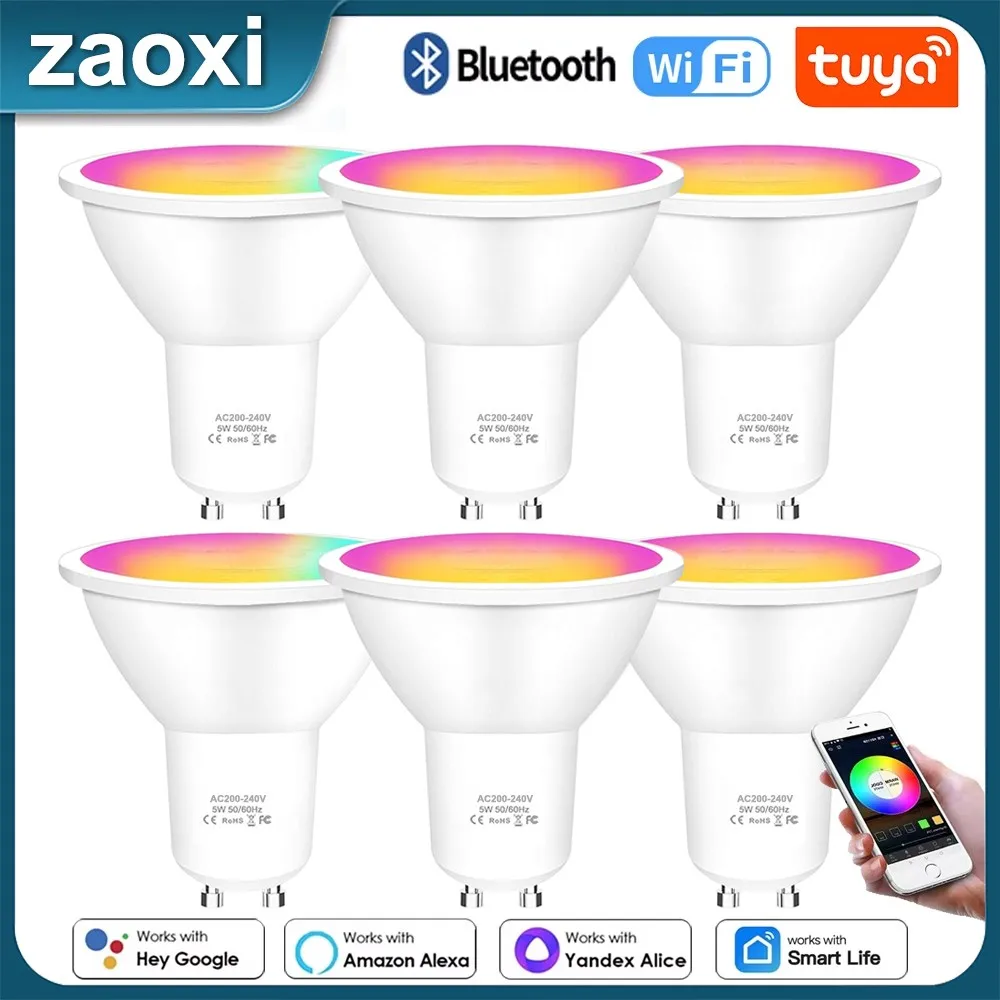 

ZAOXI Smart Tuya Wi-Fi Bluetooth Светодиодная лампа с дистанционным управлением GU10-5W RGB затемняющая прожекторная лампа работает с Alexa Google Home