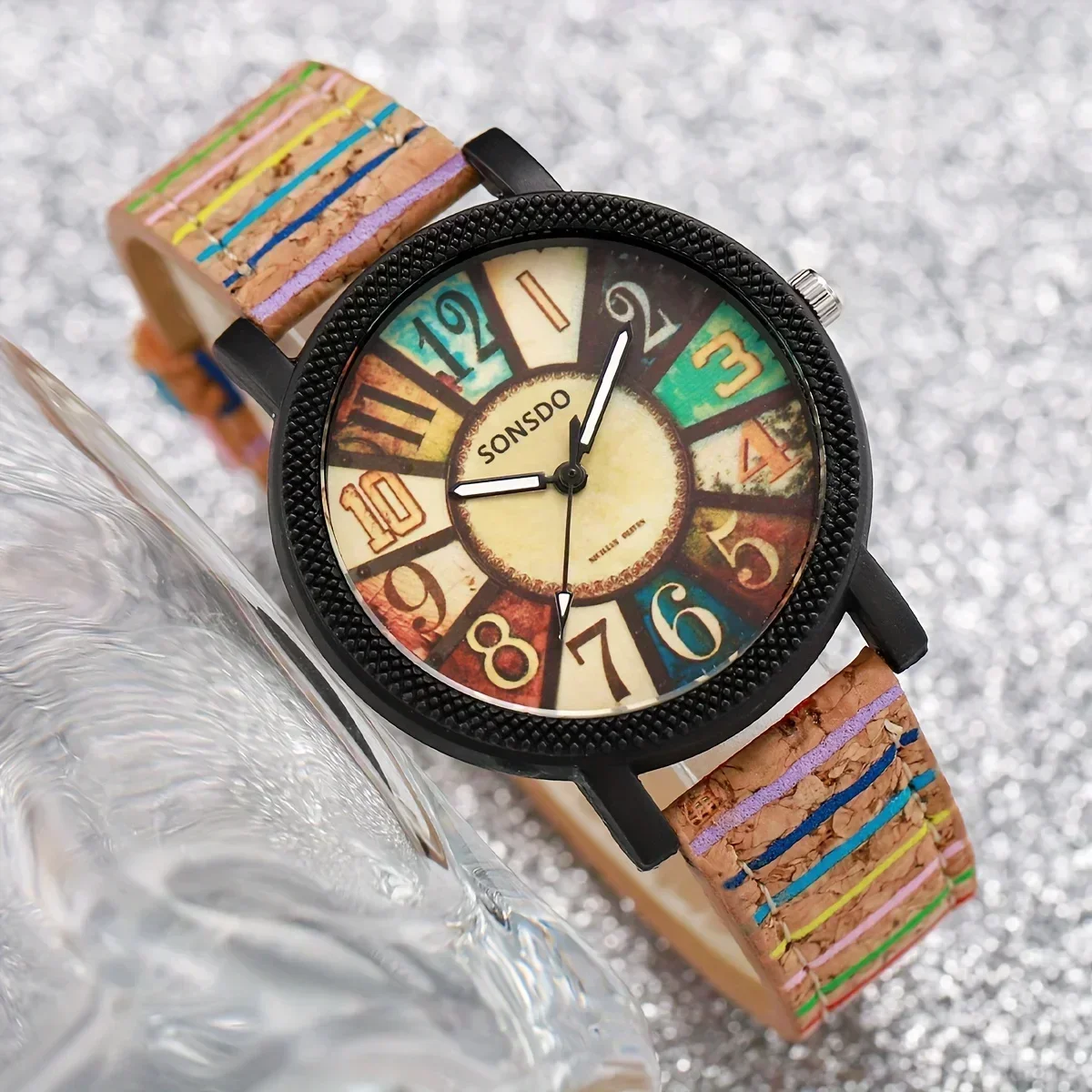 Ethnic Style Ladies Quartz Watch Colorful Cork Strap Matching Rainbow Tassel Bracelet Student Casual Jewelry Set - view 3