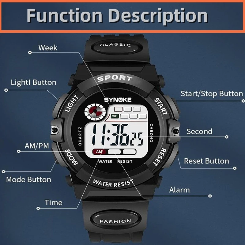 Synoke Kids Digital Sport\'s Watches Fashion PU Strap Led Waterproof Boy Girl Military Wristwatch Student Alarm Clock