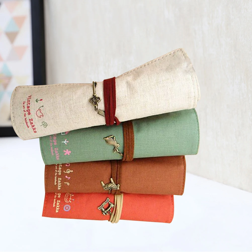 

4Pcs Vintage Canvas EcoFriendly Rolling Pencil Bag Durable Pen Case Organizer Makeup Pouch Stationery Wrap