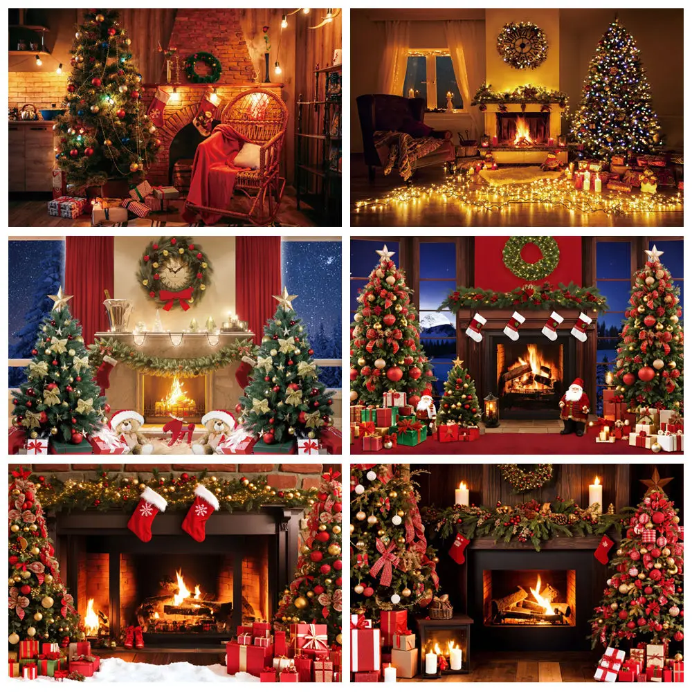 Merry Christmas Backdrop for Photography Xmas Tree Fireplace Santa Gifts Box Family Baby Portrait Background Decor Photo Studio