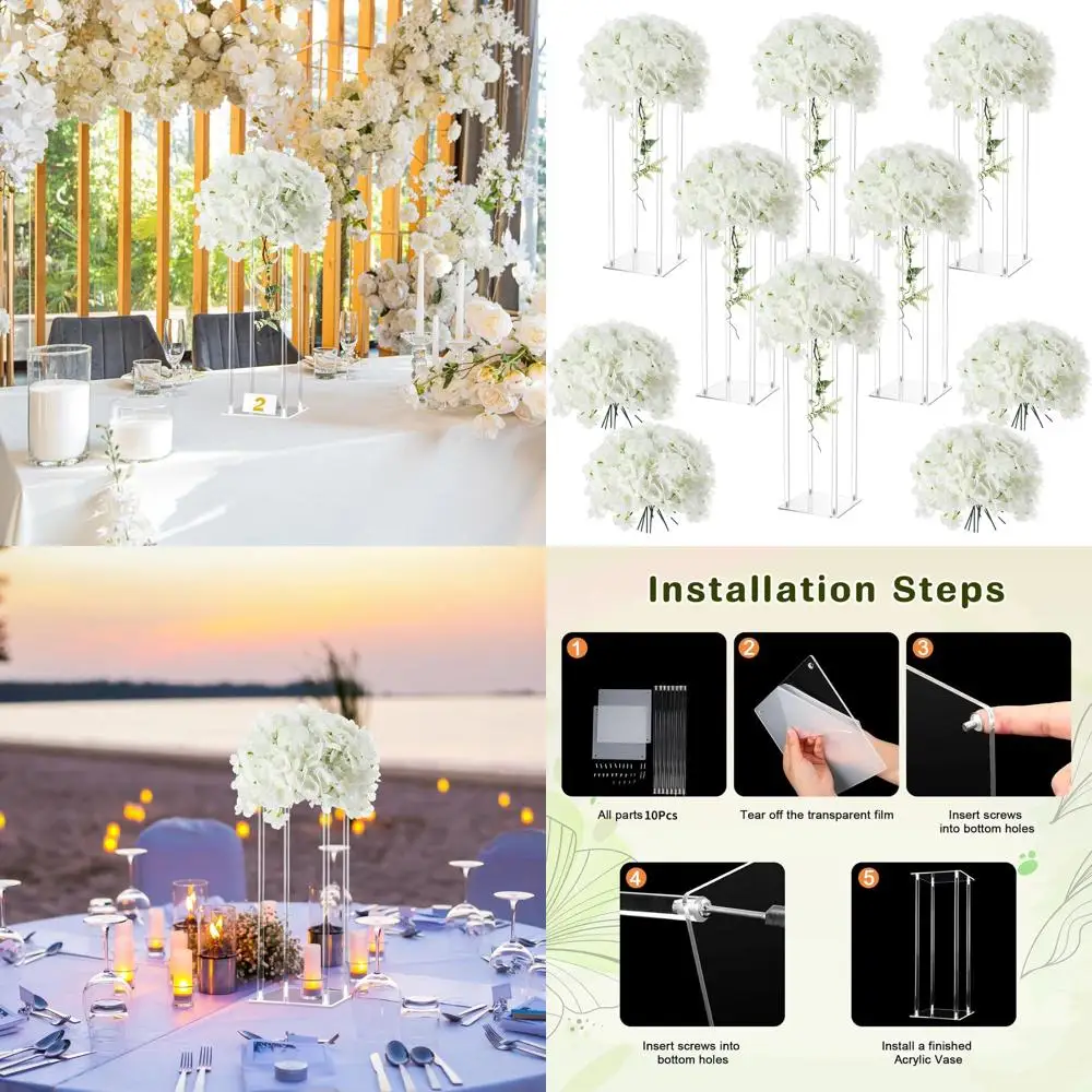 

Clear Acrylic Tall Vase Centerpieces with Artificial Hydrangeas for Elegant Wedding Party and Home Decorations, 6 Pieces, 16 Inc
