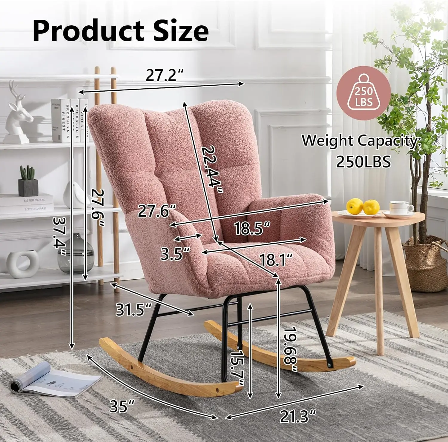 Rocking Chair Teddy Upholstered Glider Rocker Accent Chair Padded Seat with High Backrest Armchair Comfy Side Chair (Pink Teddy)