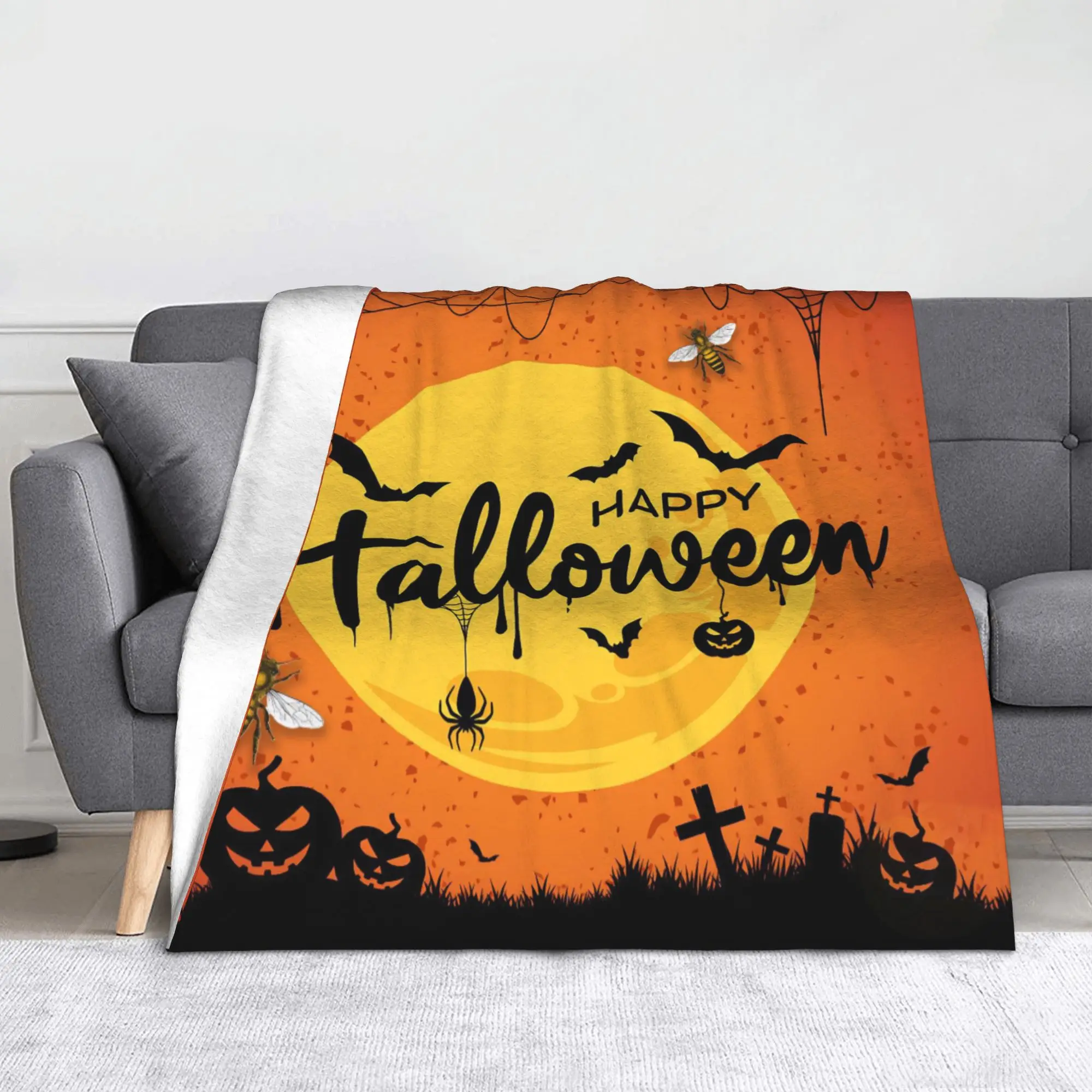 Happy Halloween Blanket Fleece Ghost Spider Web Super Warm Throw Blankets for Airplane Travel Bed Rug