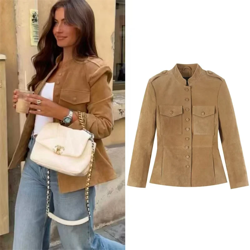 Guobioziy 2026 Autumn/Winter New Women's Jacket Camel Long Sleeve Pocket Slim Faux Leather Parka Personalized Fashion
