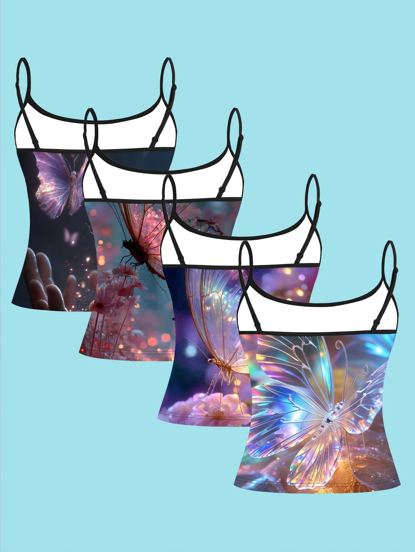 4-Piece Set of Neon Light Effect Butterfly Camisole Set, Shimmering Crystal-Clear Butterfly Pattern Women's Slim-Fit Base Layer Tank Top