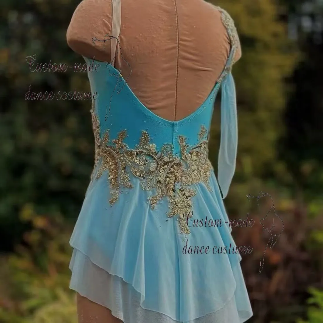 Turquoise Asymmetrical Draped Gold Embellished Dance Dress for Lyrical Performance
