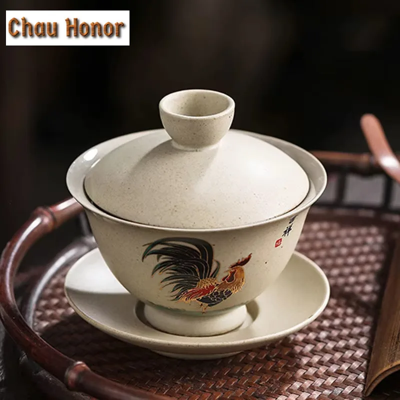 160ml Exquisite Coarse Pottery Gaiwan Household Retro Rooster Tea Cup Chinese Ceramic Tea Bowl Tea Ceremony Customized Gift