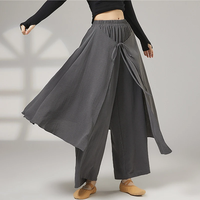 Women Classical Dance Pants Loose Wide-Leg Culottes Spliced Skirt Flowing Practice Clothes Folk Dance Performance Costume Hanfu