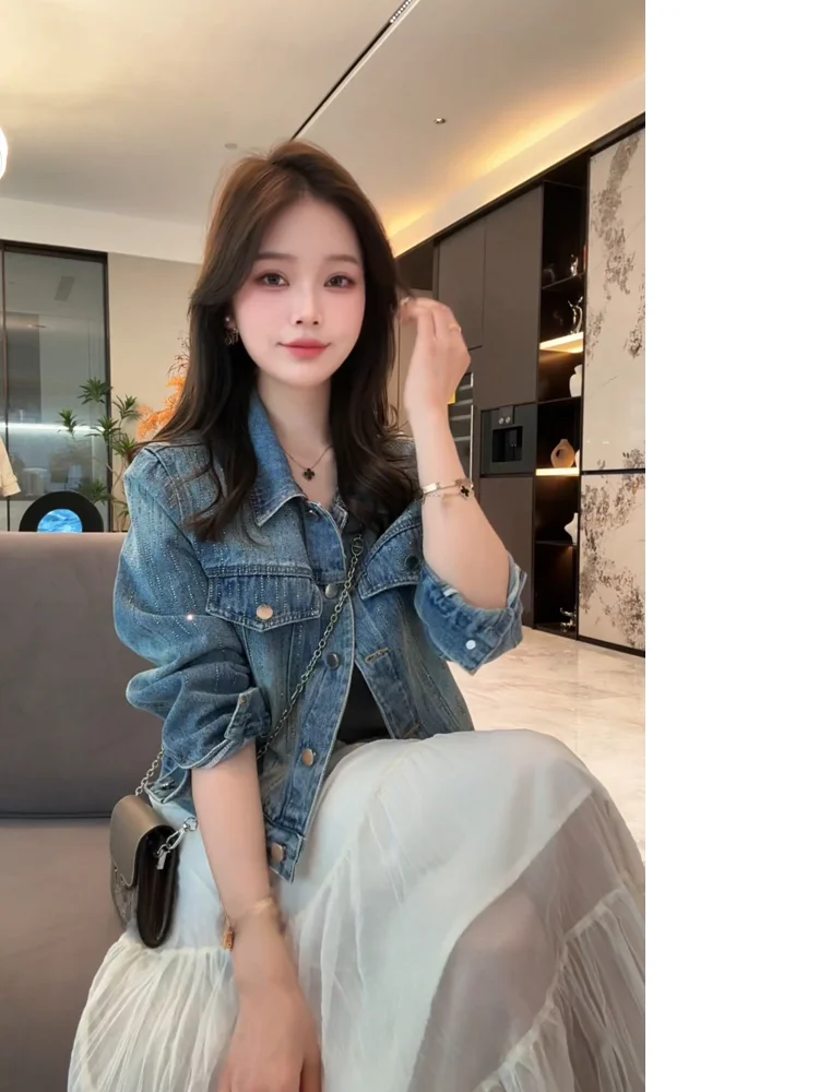 Xuanxuanchen High-Light Denim Short Women's Jacket 2026 New Style Spring Fashion Rhinestone Embellished Casual Fit Jeans Coat