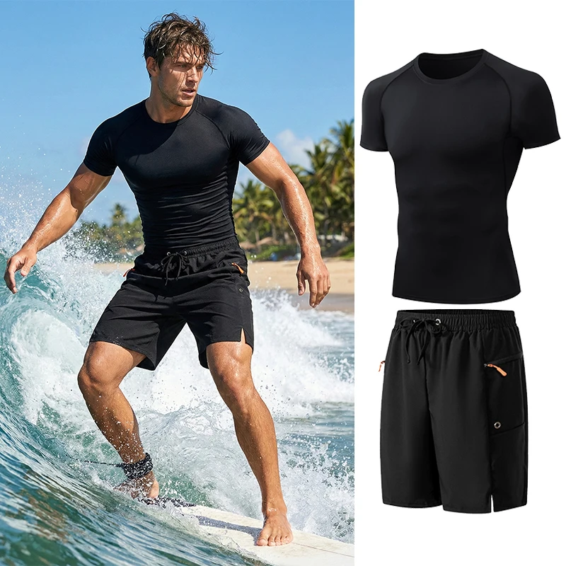 Mens Summer Casual Sport Surfing Suit 2 Piece Set Quick Dry Short Sleeve Rash Guard Board Shorts with Zipper Pocket Mesh Liner