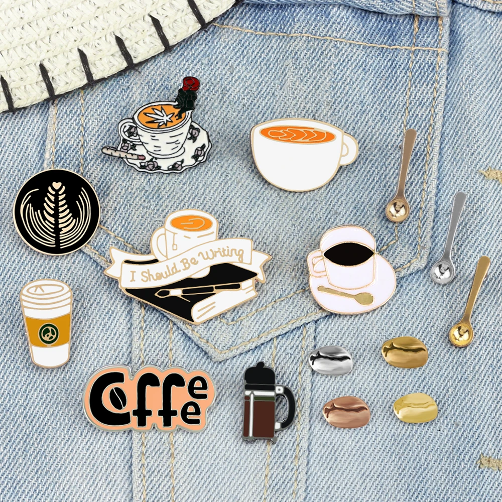 Coffee Collection Enamel Pin for Barista Vintage Rose Tea Latte Americano Brooches Coffee Machine Mini Coffee Bean Badge Jewelry