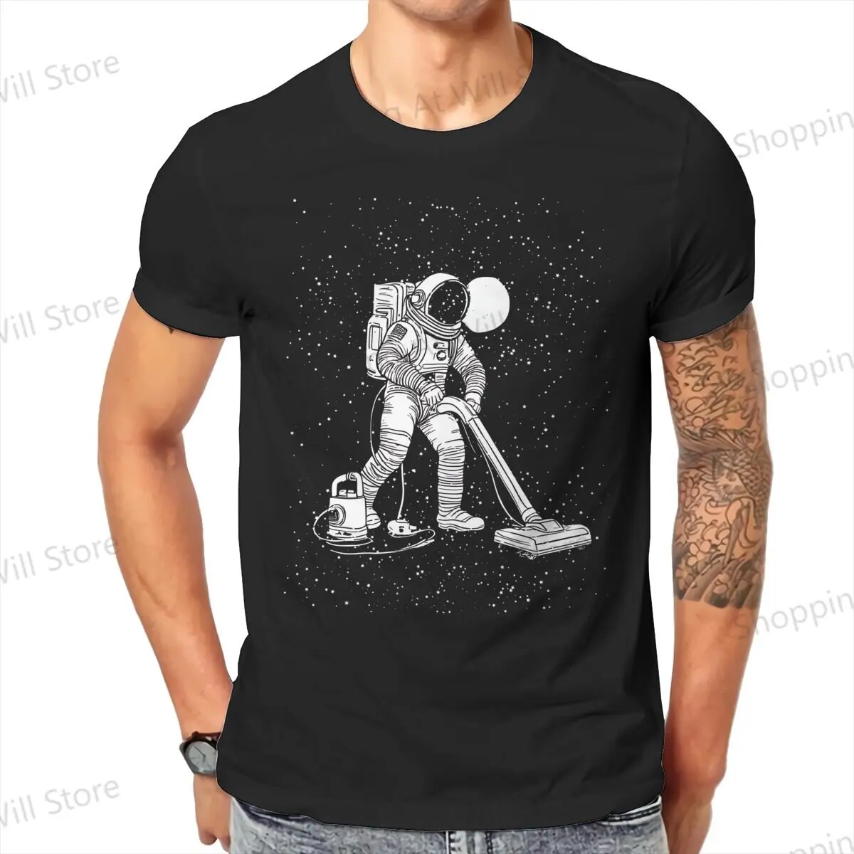 Summer Unisex T-shirts  Moon Cleaner – Astronaut Cleaning Space Vacuum Cleaner Round neck short sleeved T-shirt S-6XL