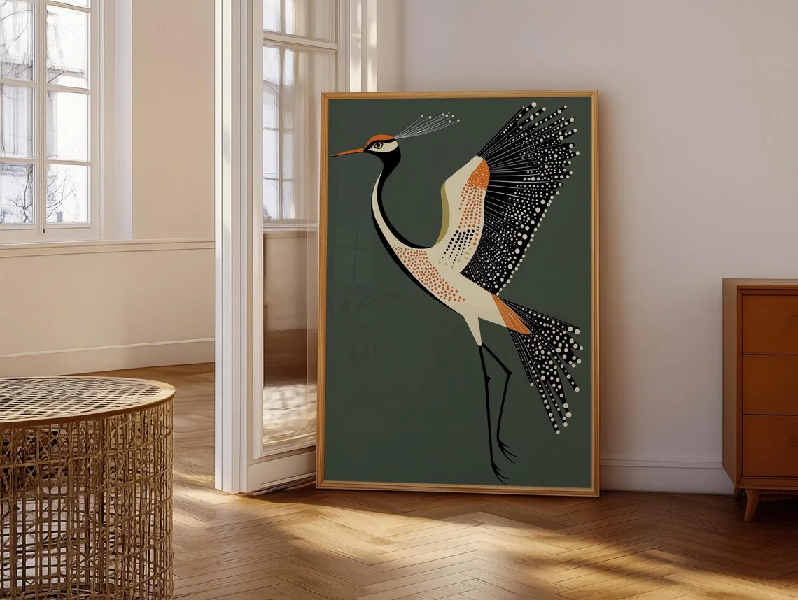 Grou Voador Elegante, Arte de Parede Art Déco, Decoração Retro Moderna de Meio Século, Decoração para Amantes de Pássaros, Arte de Parede Vintage Japa