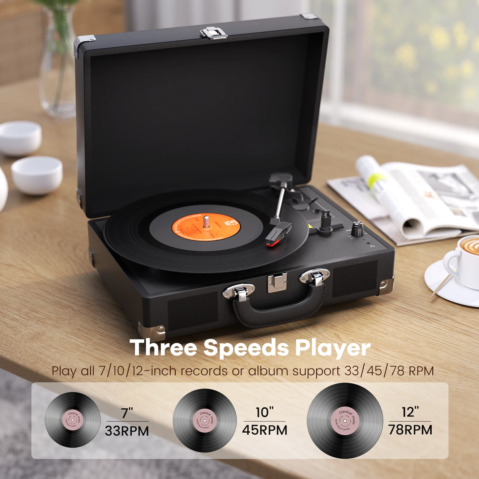 Maio C200 Belt-Driven Vintage Gramophone Device, Vinyl Record, Turntable, High-Fidelity Stereo, Built-In Speaker, 3-Speed