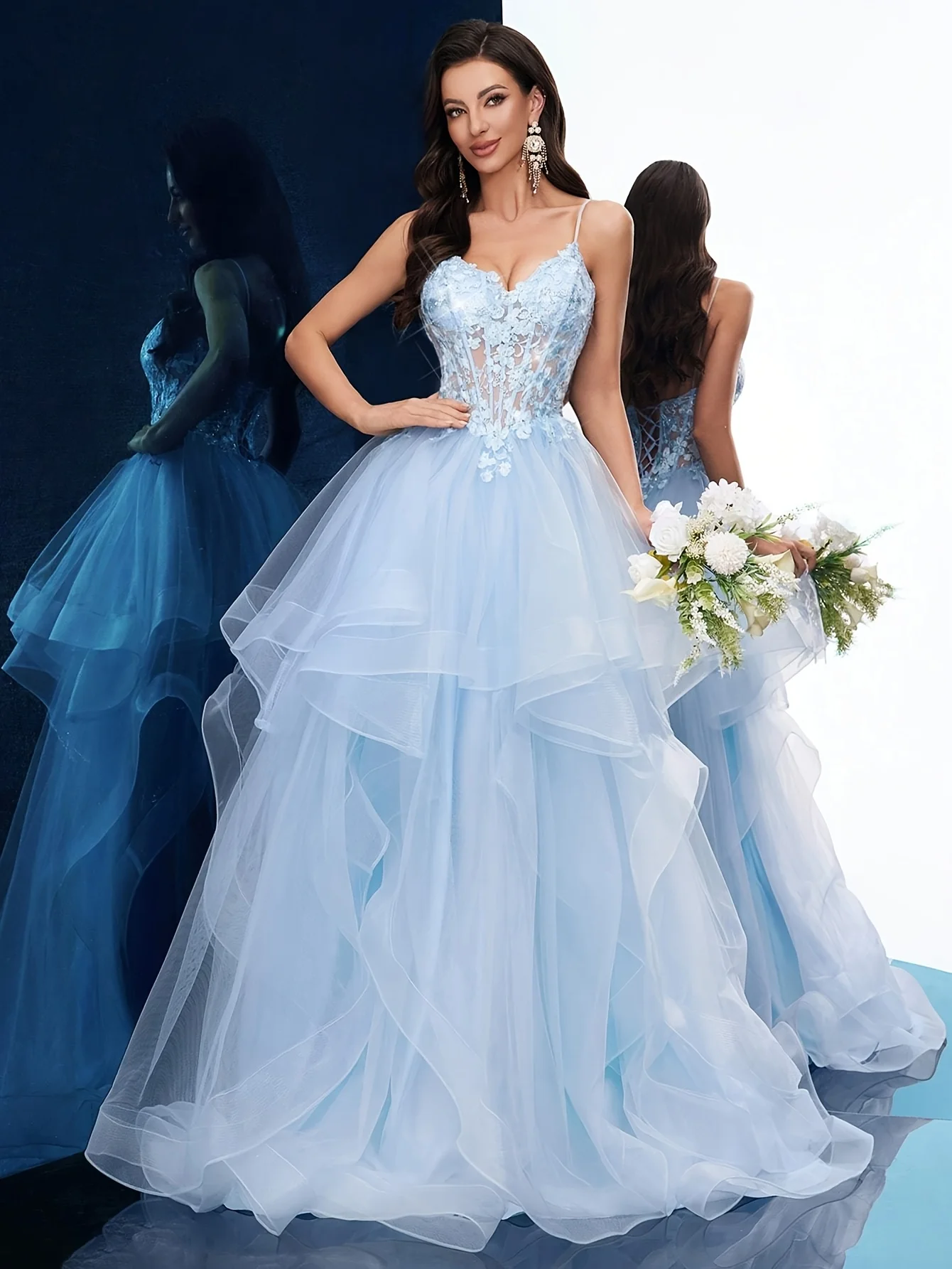 

Customized Light Blue Oversized A-Line Skirt Dress Wedding Party Bridesmaid Dress Sweetheart Elegant Backless Lace Up Design