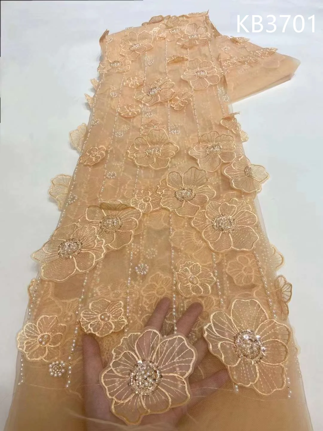 3D Flower Lace Fabric Sequins Lace High Quality Nigerian Party Lace Fabric 2024 Dubai Embroidery Fabric For Wedding Dress KB3701