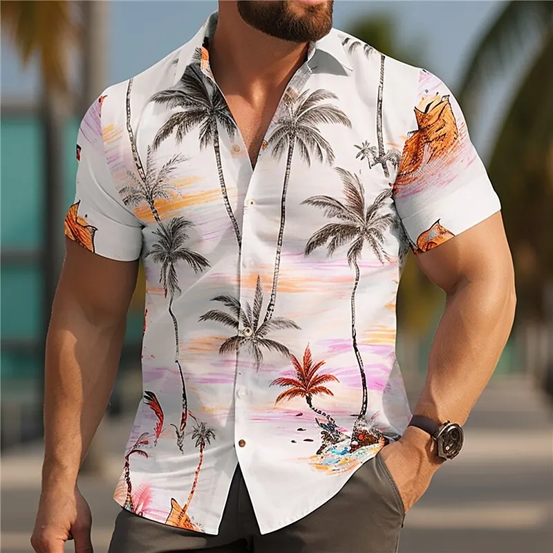 Luxurious Hawaiian Coconut Short Shirts For Men Tree 3D Print Men\'s Clothing Summer Y2k Casual Sleeved Tops Beach Party Blouse