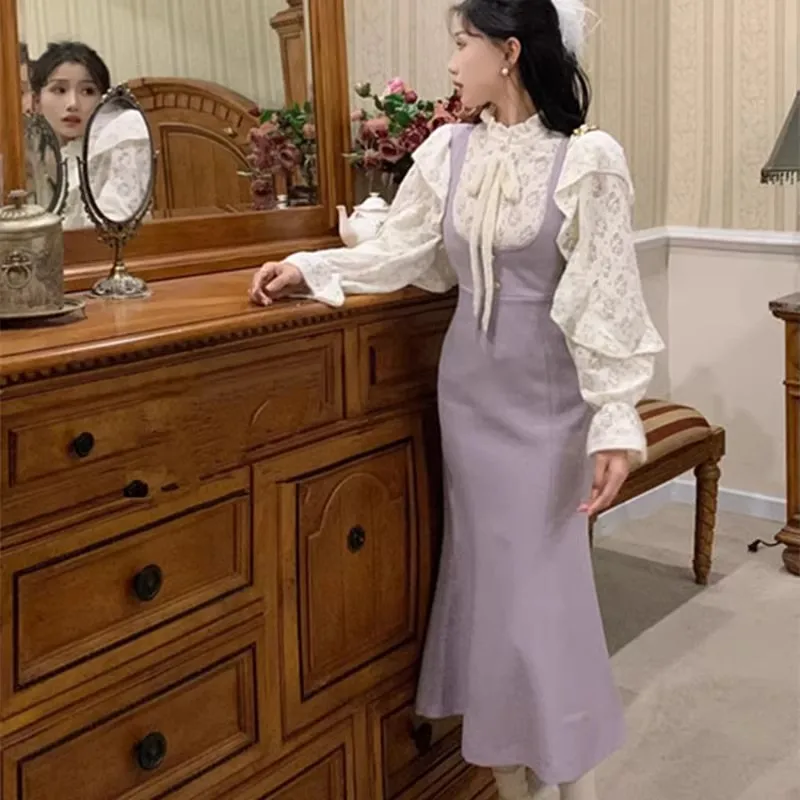 New Autumn Korea Elegant Women Two Piece Set Outfit Retro Lace half-high Collar Bow Shirt + Overalls Outwear Sweet 2pc Dress Set