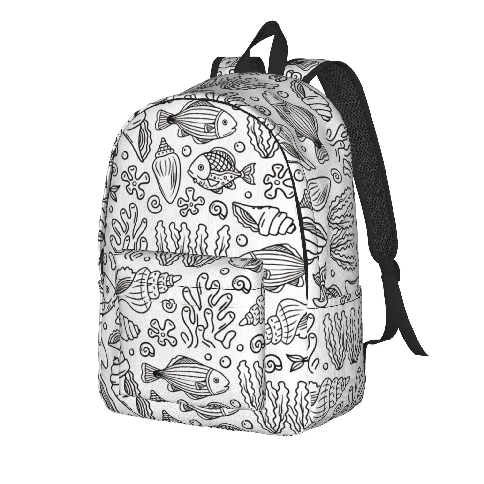 Underwater Fish And Seashell Doodle Pattern Backpack Men Print Backpacks Polyester Cute High School Bags Workout Design Rucksack