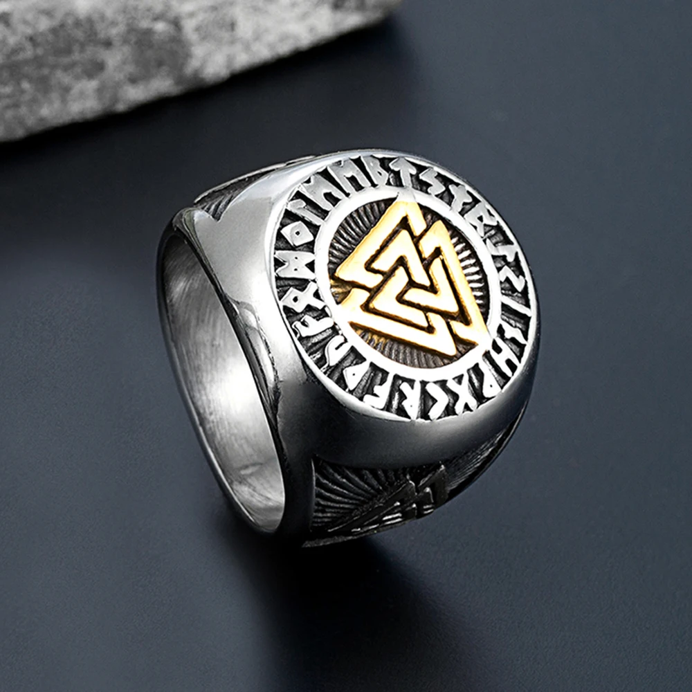 Stainless Steel Viking Ring for Men Norse Compass Axe Odin Rune Amulet Adjustable Band Punk Vintage Jewelry Gift Nordic Style