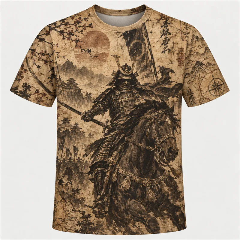 Japanese Ronin Samurai T Shirt Men Sunset Ink Warrior Graphic Short Sleeve Retro Asian Art Streetwear Casual Urban Fashion Tops
