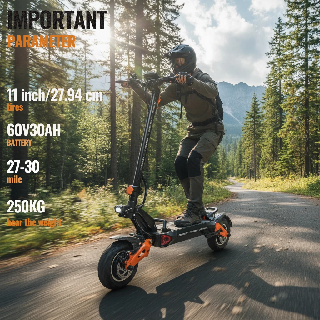 

Foldable Adult Electric Scooter, 11-Inch Off-Road Tires, 30mile Range, 60V 30Ah Battery, 250kg Load Capacity, Dual Suspension