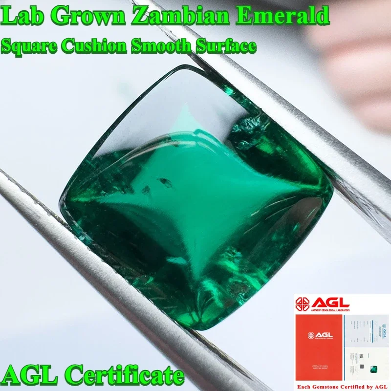 

Hot Sell Lab Grown Zambian Emerald Hydrothermal Hand Square Cushion Smooth Surface with Cracks Inclusions Inside AGL Certificate