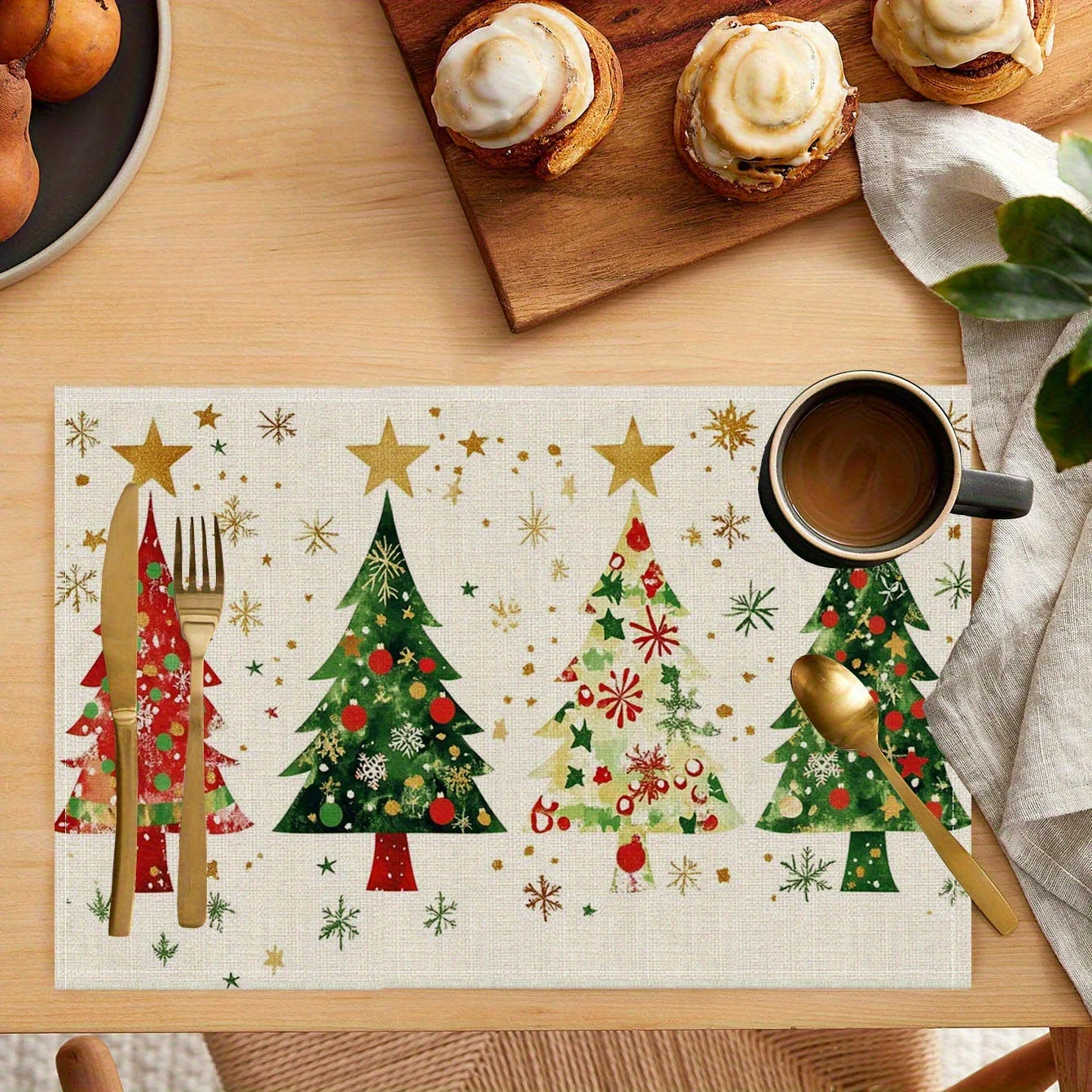 

VIKAMA 4pc Christmas Tree Placemats Waterproof And Heat Resistant Off White Base With Star And Snowflake Patterns