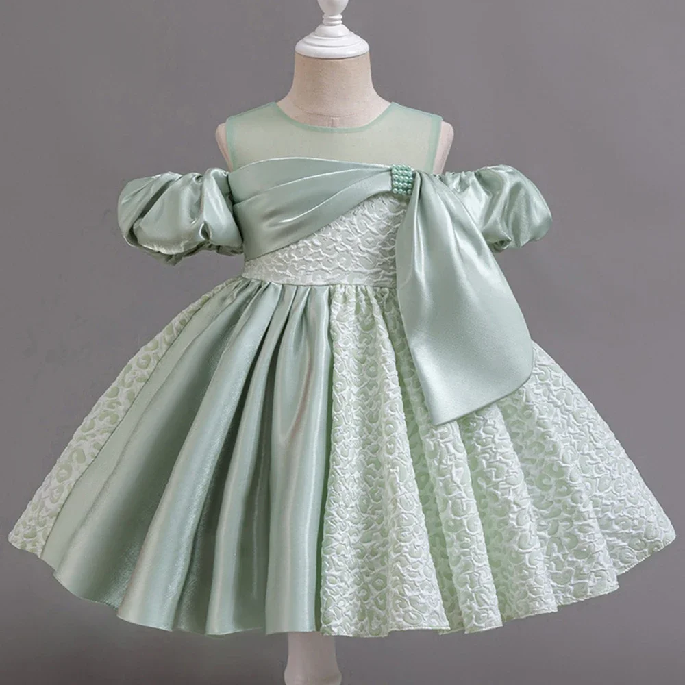 Vintage Dots Baby Dresses Design Sleeve Girl Kid's Dress Pearl Irregular Bowknot Gowns Frocks for Girls 1-6 Years