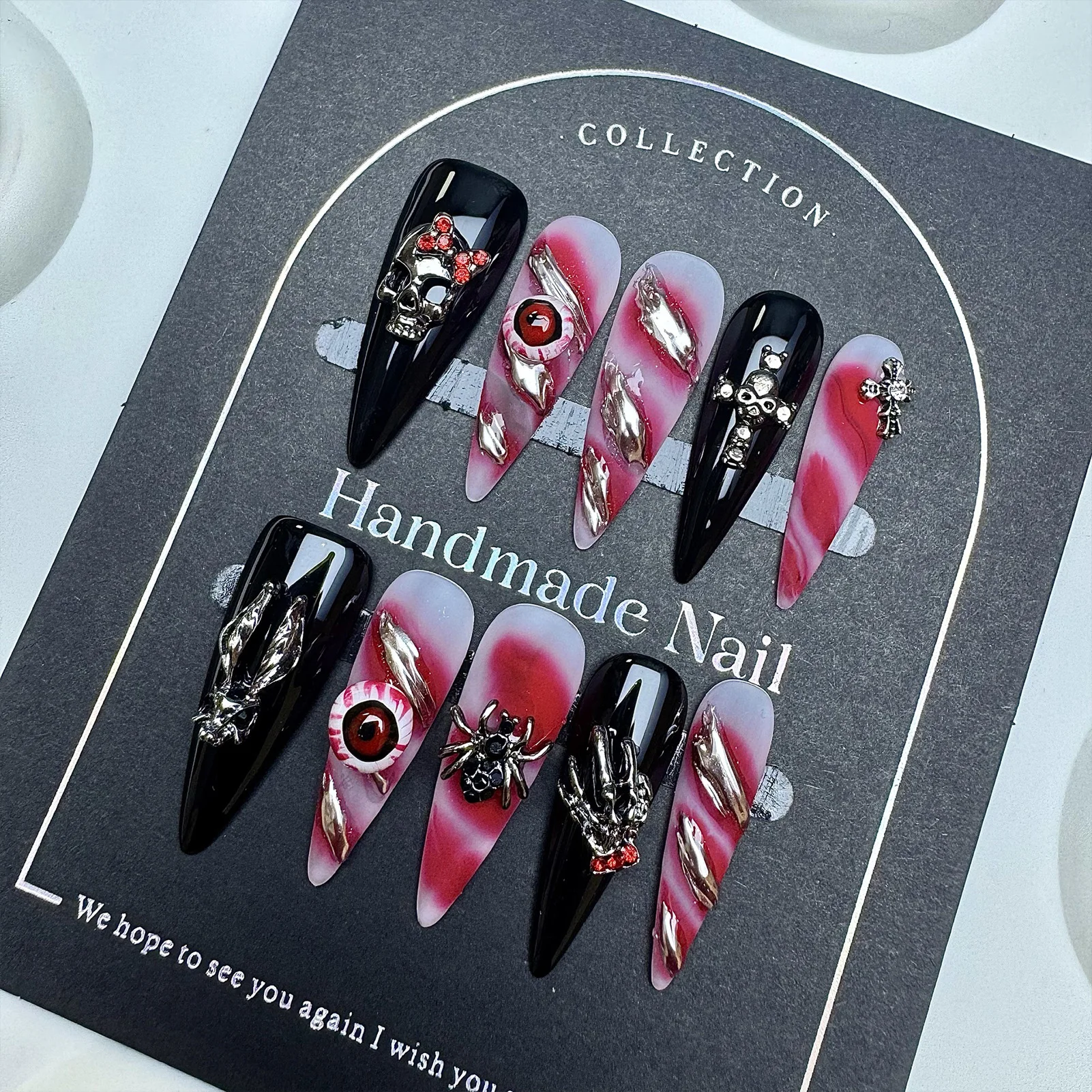 

10 шт., накладные ногти ручной работы, готический киберпанк, металлический дизайн в виде паука, накладные ногти, носимые длинные миндалевидные накладные ногти на Хэллоуин