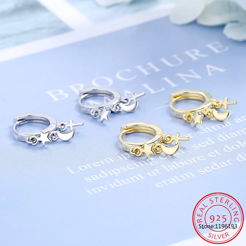 حقيقي 925 فضة 18K الذهب القمر ستار الصليب شرابة هوب أقراط للنساء حفلة غرامة مجوهرات الحد الأدنى اكسسوارات