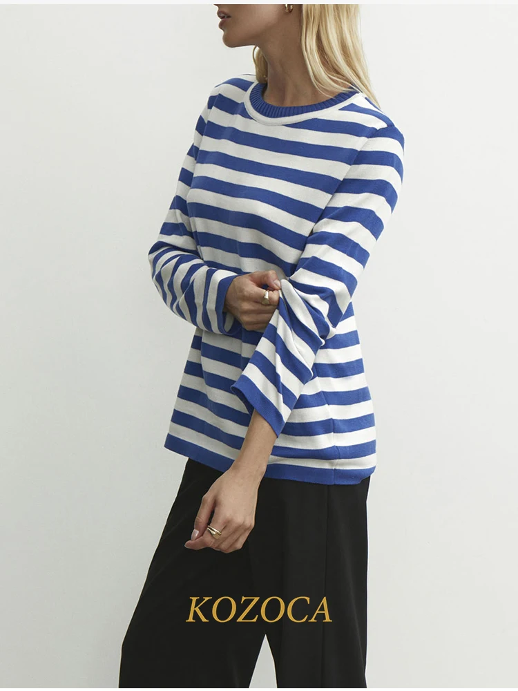 Kozoca Stripe Sweater Women New Autumn Loose Casual Thick Pullover Female Jumper Warm Soft Long Sleeve Round Neck Fashion Tops