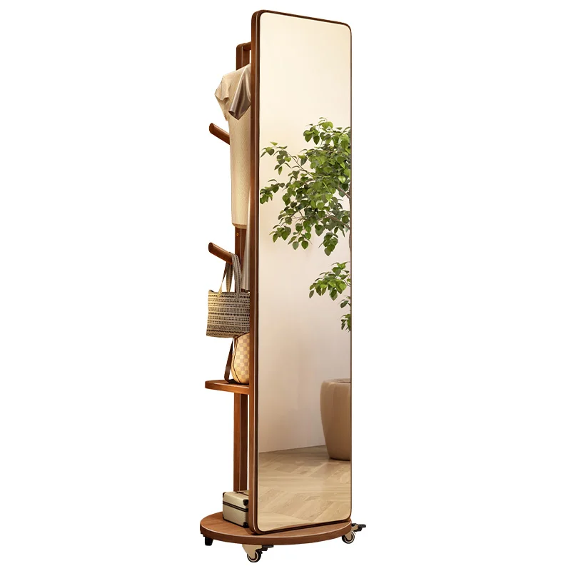 

Solid wood hanger bedroom floor coat rack with mirror integrated living room home removable multi-functional storage