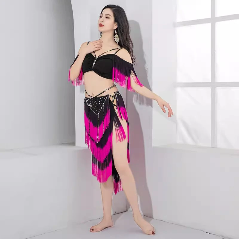 Girls Drum Solo Dance Competition Fringes Hip Skirt Contrast Color Outfit Sexy V Neck Belly Dance Costume Set 2pcs Top Skirt