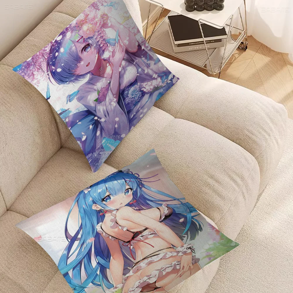 Re Zero Kara Hajimeru Emilia Rem Ram Pillow Covers Cartoon Sofa Decorative Home Double-sided Printing Short Plush Cute