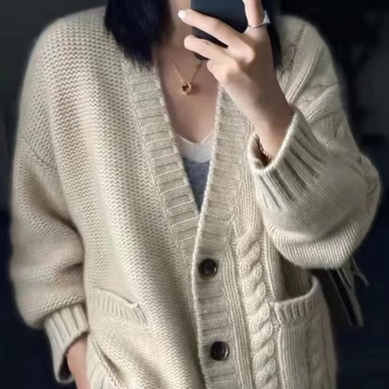 Autumn/Winter New Thicken V-neck 100% Wool Knitted Cardigan Women\'s Loose Warm Sweater Cardigans Larg Size Female Jacket Top