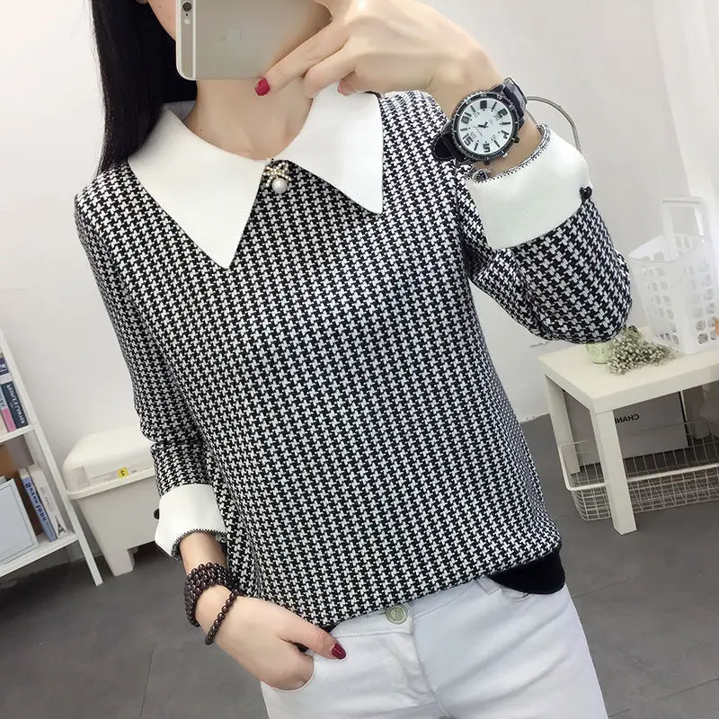 Female Clothing Fashion Houndstooth Knitted Sweaters Korean Turn-down Collar Autumn Winter Basic Casual Spliced Loose Jumpers