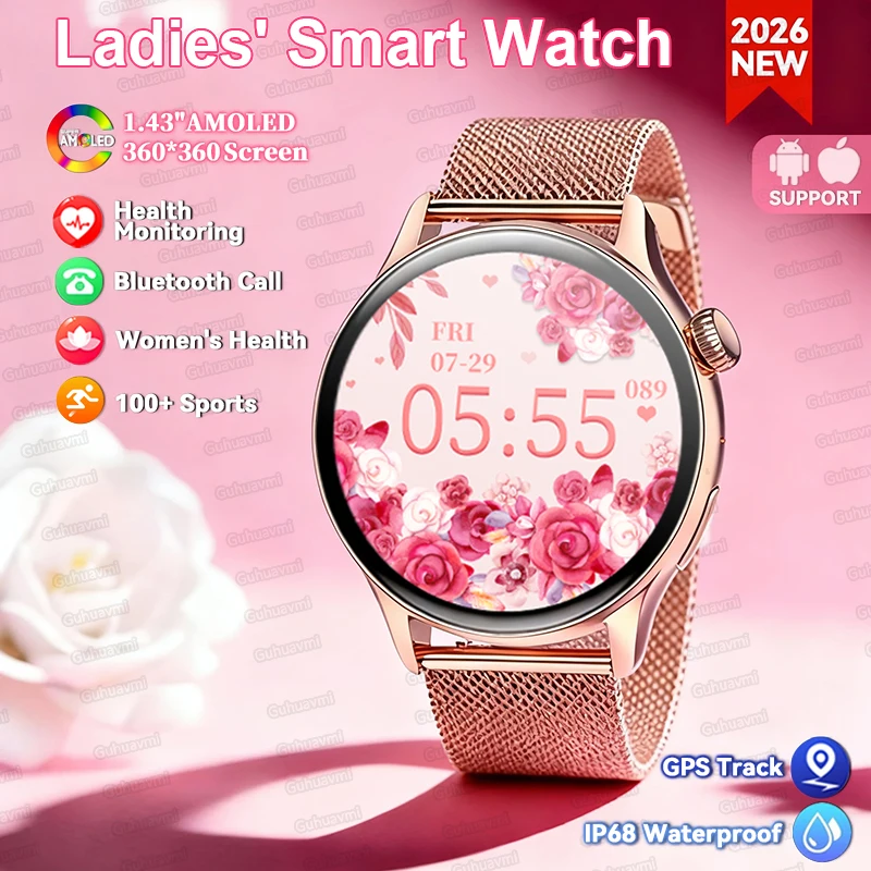 

Смарт-часы Lady Fashion GPS Sport с AMOLED HD-экраном 1,43 дюйма, измерением пульса, Bluetooth-звонками, водонепроницаемые, для активного отдыха, женские, 2026